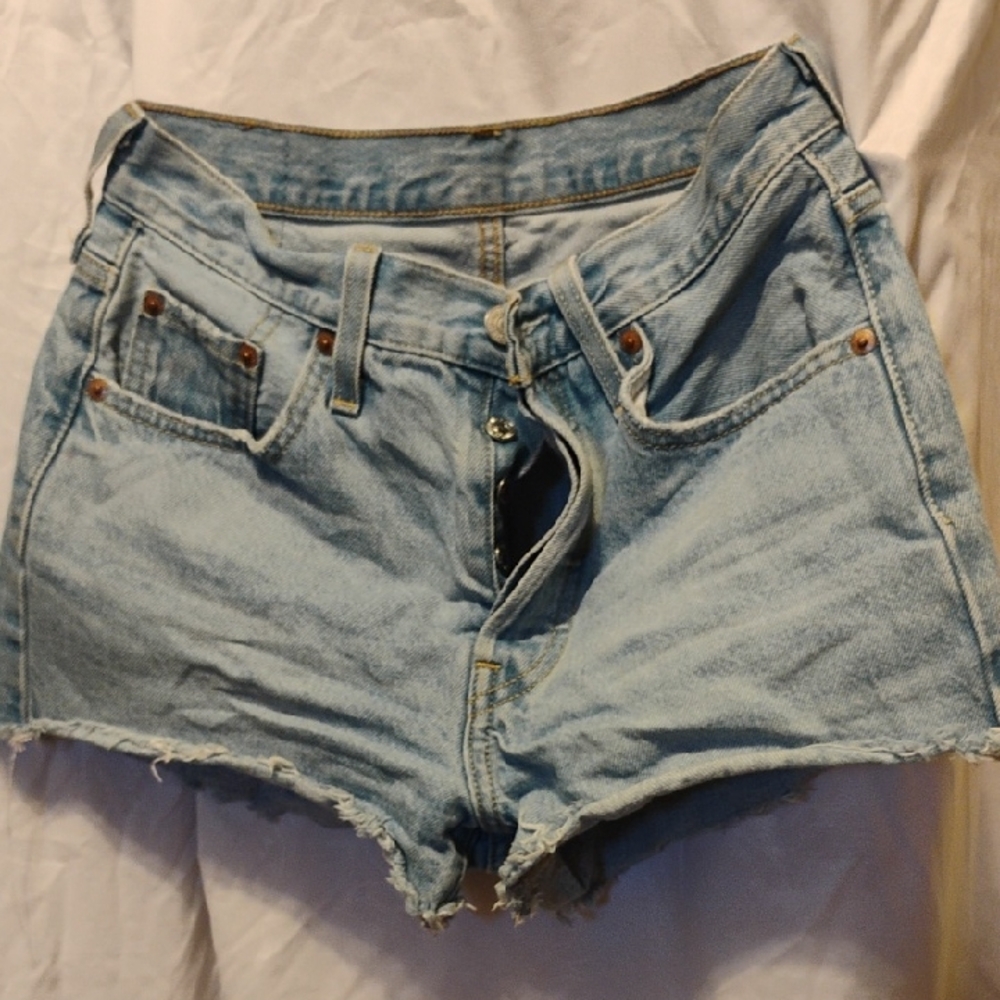Blue High-Waisted Jean Shorts with Distressed Hem